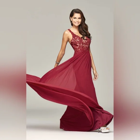 Faviana Lace Appliqued Long Mesh V-Neck Dress - Picture 2 of 11